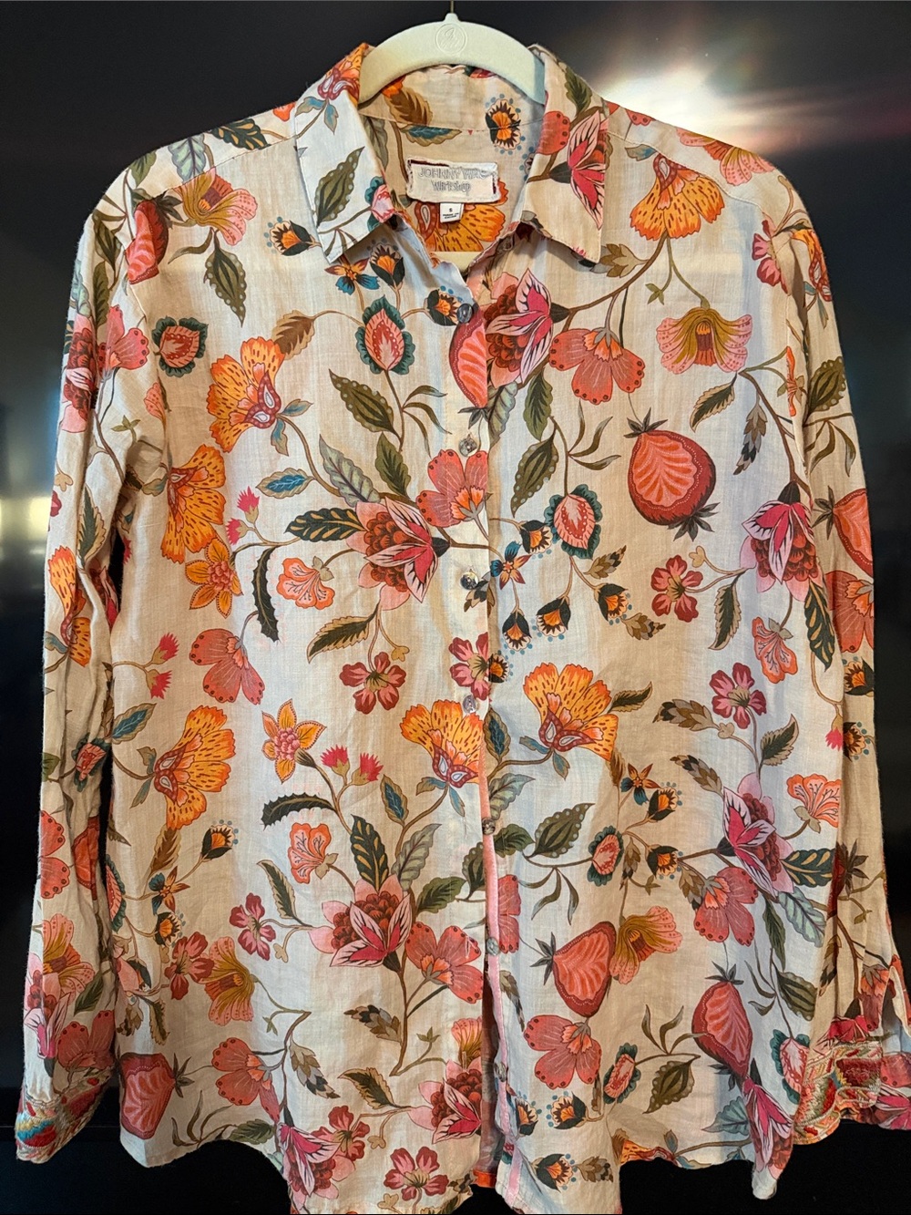 Johnny Was Workshop  Floral Button-Up Shirt - Coral & Green on Cream